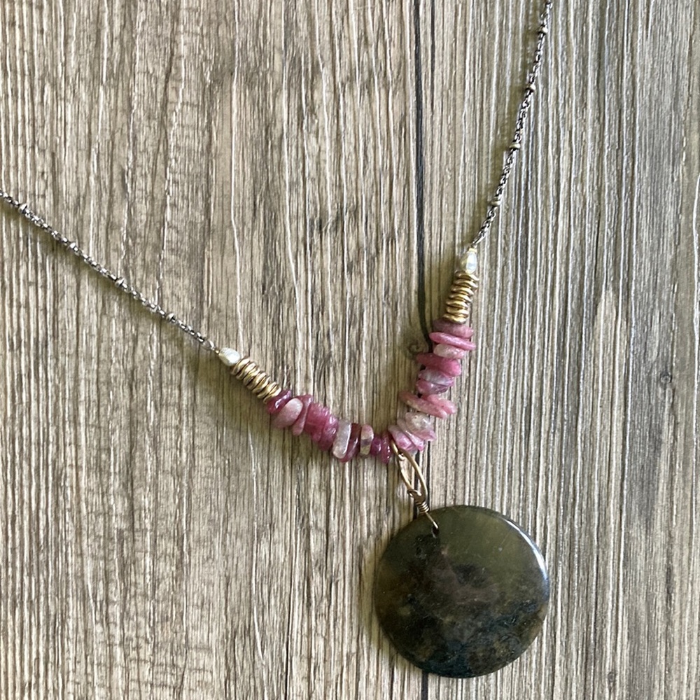 J. Jill round stone necklace.  Pink beads, gold chain and gold beads.